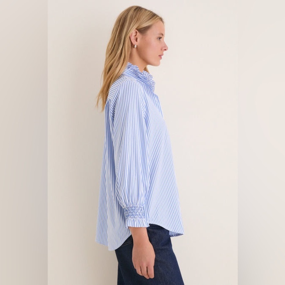 Tuckernuck Blue and White Stripe Teagan Popover Ruffle Top New Size Small - Picture 3 of 14